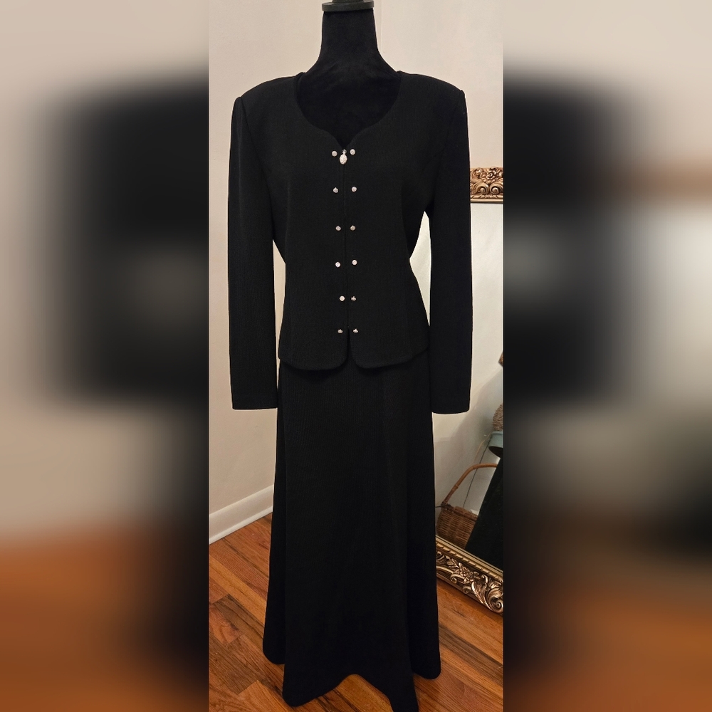 St John Basics Knit Jacket And Maxi Skirt Set Rhinestone Buttons Size 10